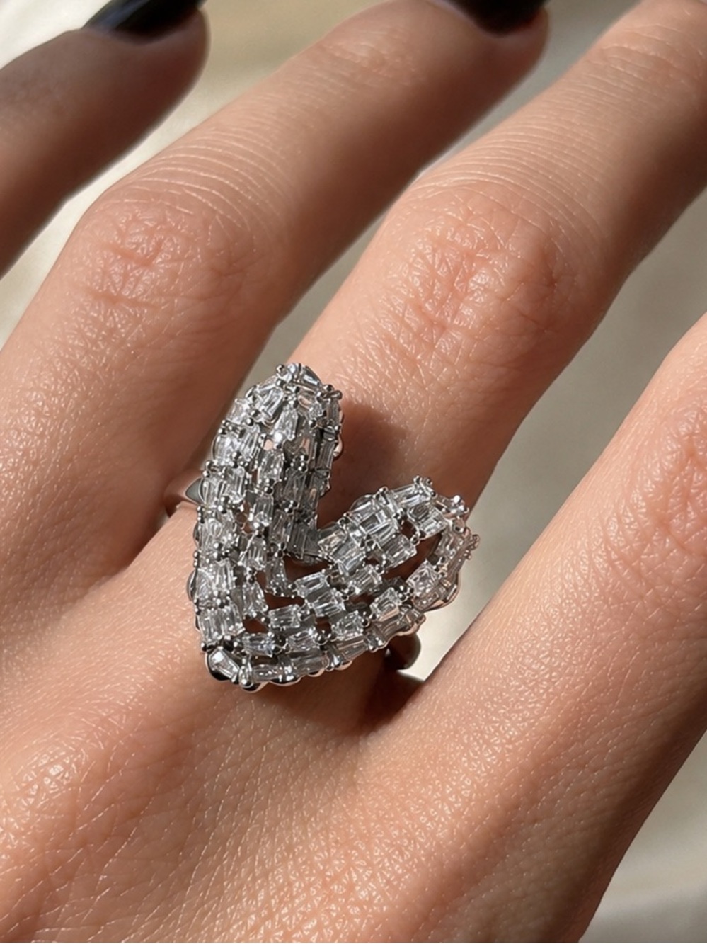 Baguette Heart Ring | Adjustable | Silver Tone